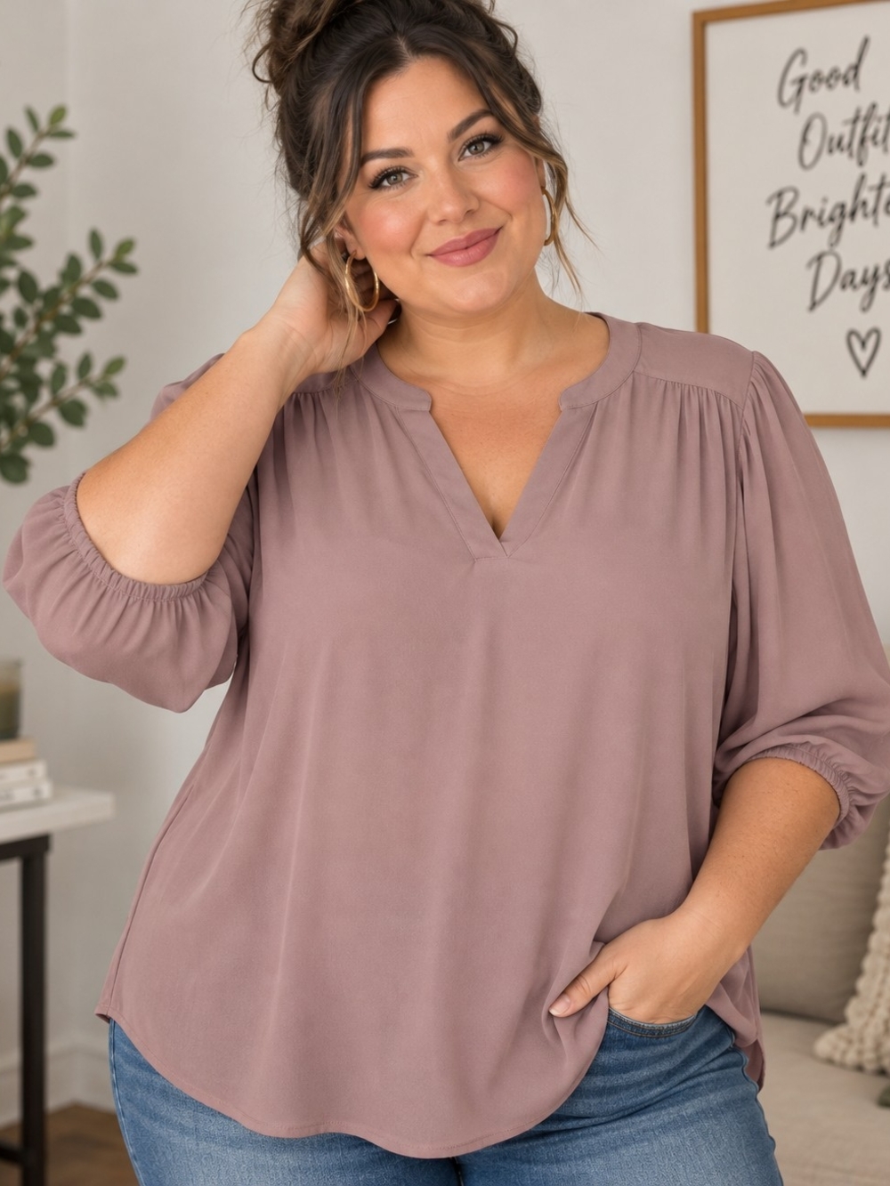 Torrid Harper Mauve Light Brown V-Neck 3/4 Sleeve Blouse Size 2